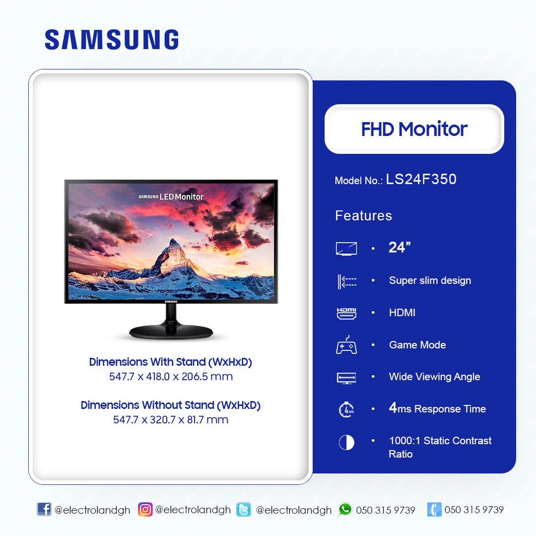SAMSUNG 24” FLAT SCREEN HD LED MONITOR (LS24F350FHMZN)