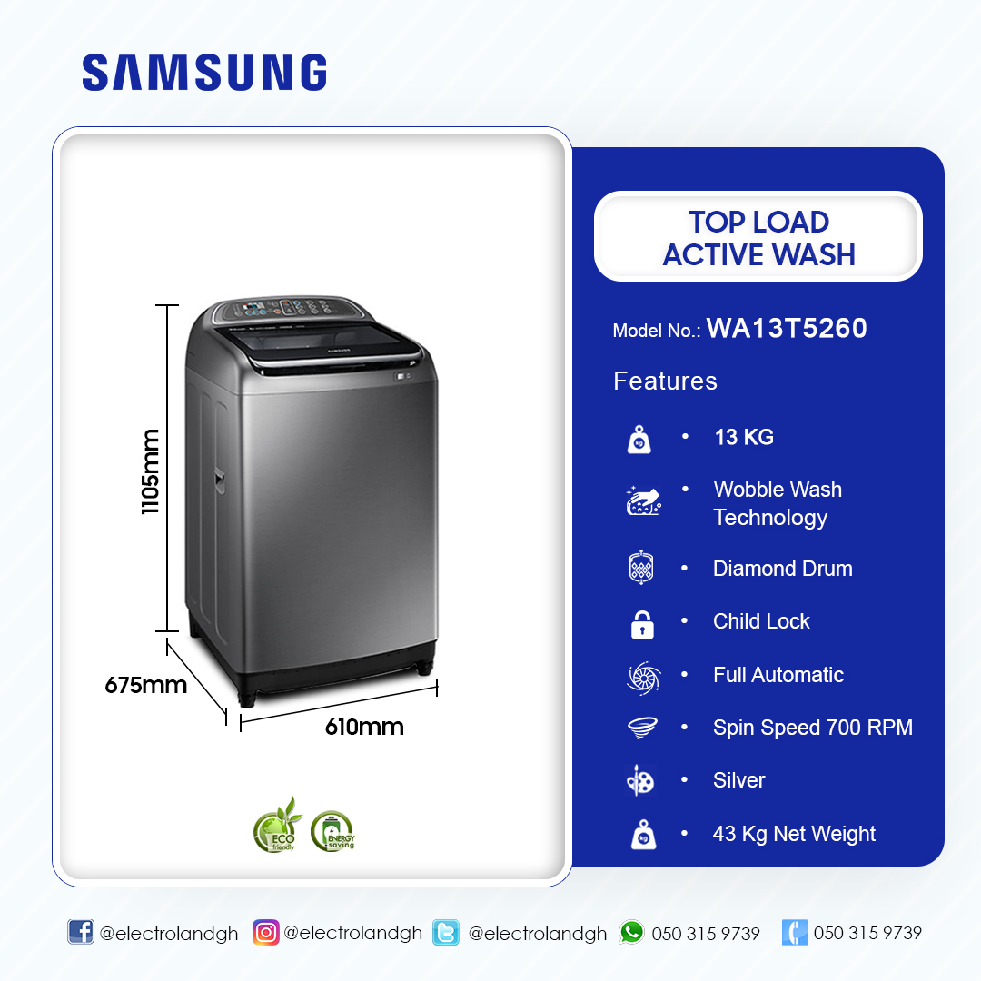 SAMSUNG 13KG TOP LOAD WASHING MACHINE (WA13T5260)