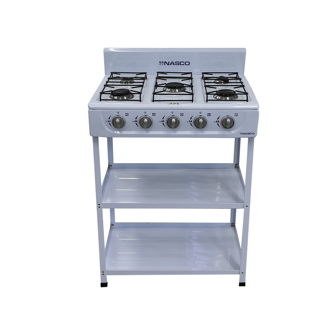 NASCO 5 BURNER GAS STOVE 2 SHELVES WHITE