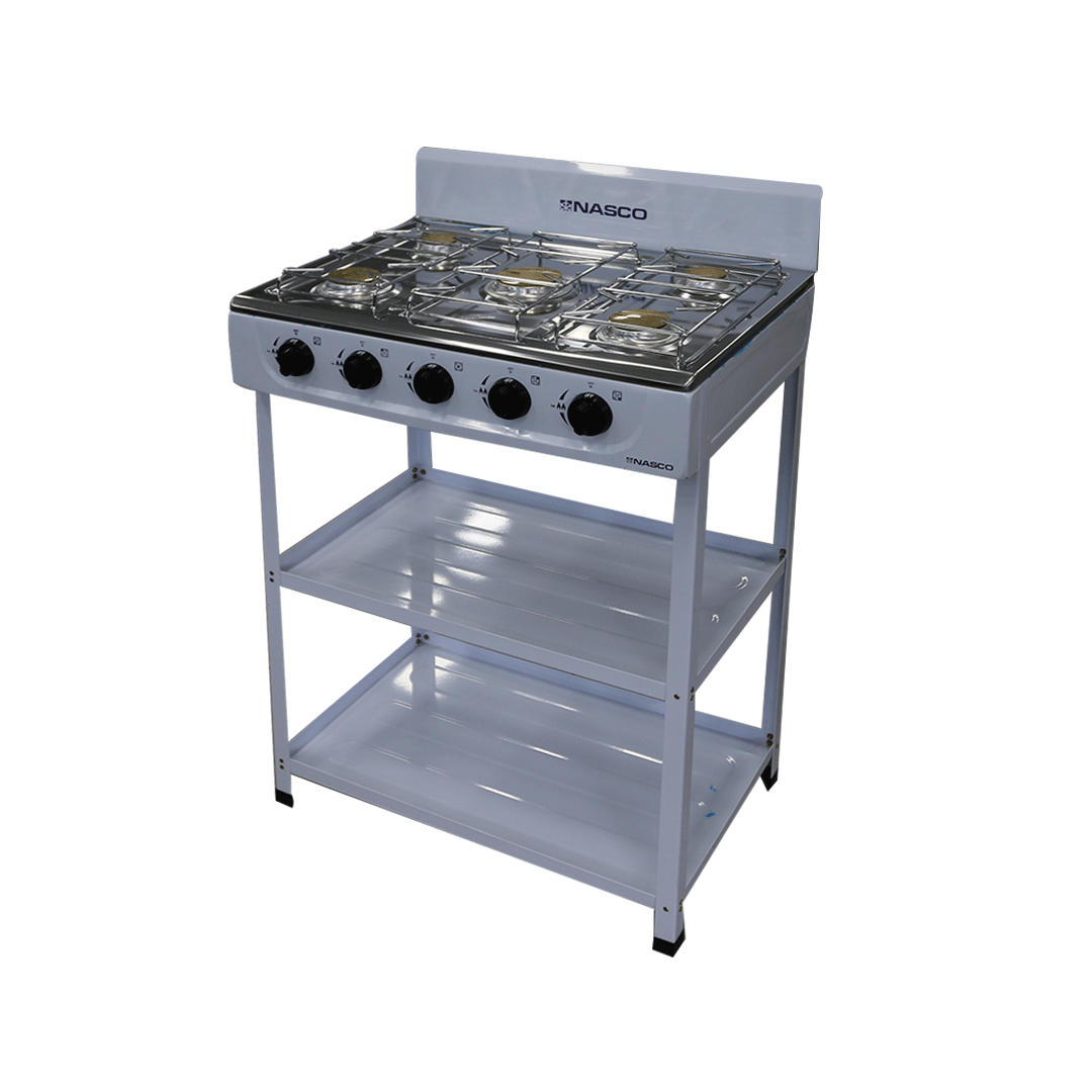 NASCO 5 BURNER GAS STOVE 2 SHELVES STAINLESS